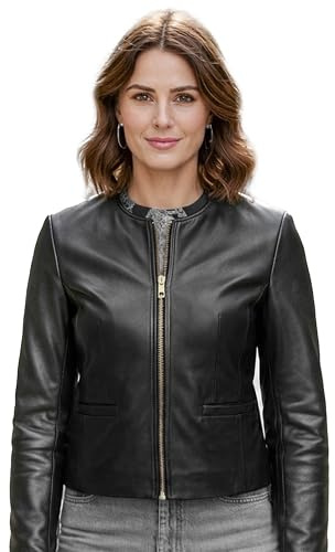 Leatherick Chaqueta corta de piel de cordero para mujer: diseño sin cuello, cierre de cremallera frontal y bolsillos funcionales (negra) (FR/ES, Letras, M, Regular, Regular)