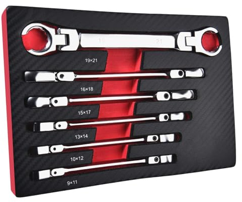 GOLD DEER 6 Piece Flex Head Flare Nut Wrench Set Metric 9-21mm, 40 Cr Double Open End Brake Line Wrench for Automotive Brake, Fuel, AC Lines and Plumbing Repairs, Flex Tools with EVA Storage Tray