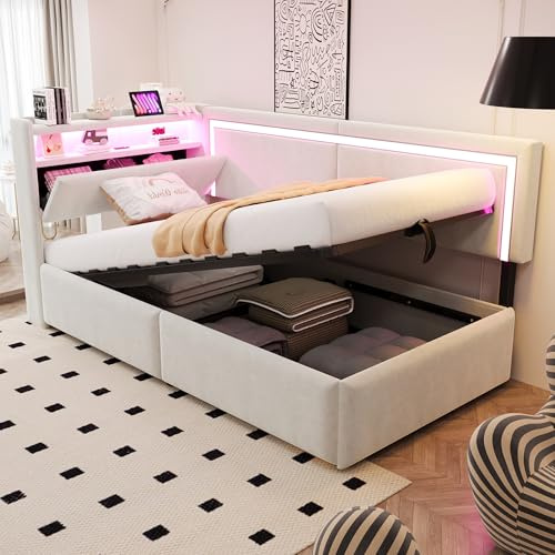 ANIROY Polsterbett Schlafsofa 90x200cm mit Bettfunktion, Samtstoff Tagesbett Einzelbett mit LED & USB, Kopfteil mit Stauraum, Hydraulischer Stauraumbett mit Lattenrost, ohne Matratze, Beige