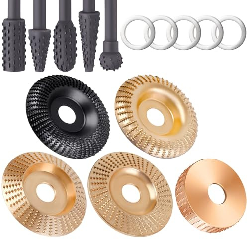 VOUHLAE Heavy-Duty 5PCS Wood Carving Disc Set+5PCS Rotary Burr Rasp Set,4 or 4 1/2 Angle Grinder with 7/8 Arbor,Grinding Wheel Shaping Discs for Wood Grinding,Wood Angle Grinder Accessories