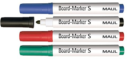 MAUL Boardmarker Set 4 Farben Finepoint Rundspitze rot grün blau schwarz | abwischbar für flexible Notizen, schnelltrocknend ohne Verschmieren, farbkräftige Linien, umsteckbare Kappe mit Clip