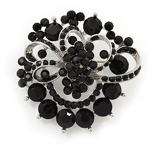 Broche corsage diamante noir jet en plaqué argent - diamètre 5cm