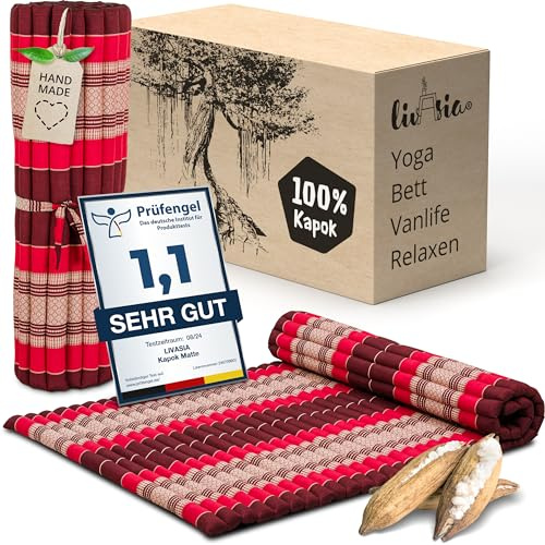 livasia Rollmatte Rollmatratze L-200x110x4,5cm, Gästebett Gästematratze 1 Person, Reisebett Kofferraum Outdoor, Thaimatte Kapok, Garten Balkon handgefertigt rubinrot