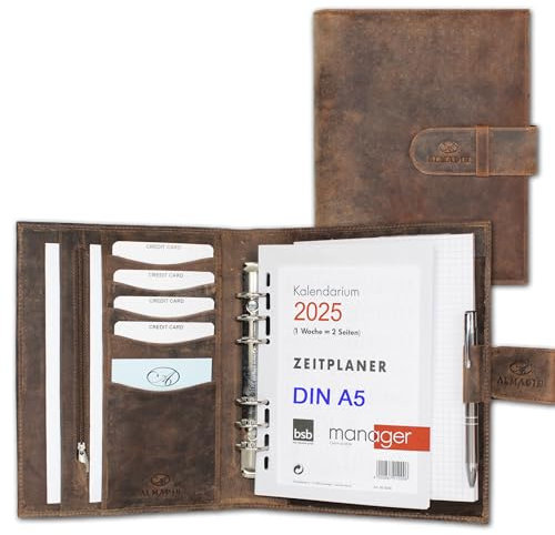 ALMADIH Leder A5 Terminplaner mit Ringmechanik Kalender 2026 Schreibblock Rindsleder Braun Vintage – Ledermappe Mappe Schreibmappe Organizer Terminkalender Ringbuchmappe Aktenmappe (A5-Ter-BV)