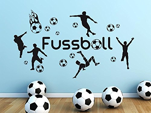 GRAZDesign Wandtattoo Fußball Kindezimmer Junge Fußballspieler mit Bälle Toor - Wandaufkleber Fußballer Jugendzimmer Sportzimmer im Set 150x57cm, 070 schwarz