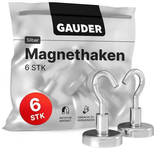 GAUDER Magnethaken | Starke Magnete mit Haken | Magnetische Haken aus Neodym (6 Stück)