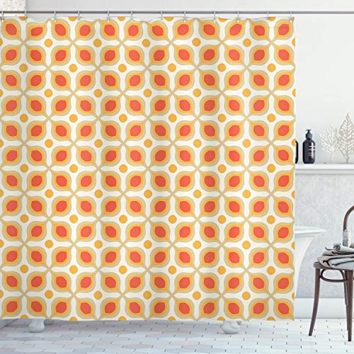 ABAKUHAUS Jahrgang Duschvorhang, 70er Boho Geometric, Stoffliches Gewebe Badezimmerdekorationsset mit Haken, 175 x 200 cm, Orange Creme