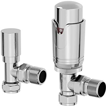 DuraTherm® Thermostatic Radiator Valve Pack Set, 15mm Lockshield TRV & Thermostat, Polished Chrome Valves for Radiators, Angled
