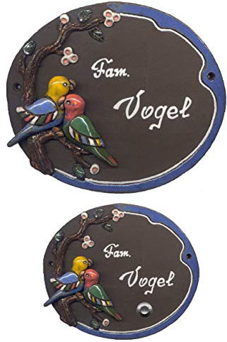 Papageien auf Baum-Keramikschild-Türschild-Klingelschild-Namensschild-200 x 165 mm-Schild-Relief von Hand gefertigt-Incl. Beschriftung-Mit, oder ohne Klingel (6937 ohne Klingel)