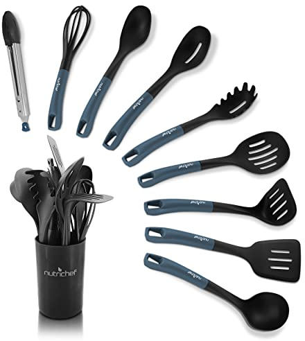 10-Piece Kitchen Cooking Utensils Set - Non-stick Heat Resistant Silicone Kitchen Gadgets Cookware Tools, Cooking Utensils Set with Holder, Pots & Pans Accessories - NutriChef NCUTL10DS (Blue/Black)
