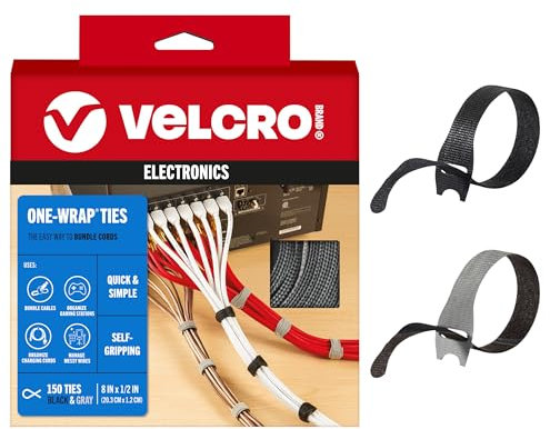 VELCRO Confezione risparmio da 150 fascette per cavi, sostituiscono le fascette con cinghie riutilizzabili, riducono gli sprechi, per la gestione dei fili e l'organizer per cavi, design sottile