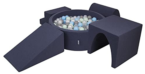 KiddyMoon Foam Playground For Kids With Round Ballpit (200 Balls ∅ 7Cm/2.75In) Soft Obstacles Course And Ball Pool, Made In EU, Darkblue:Pearl/Grey/Transparent/Babyblue/Mint
