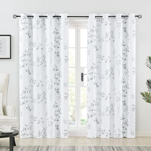 Beauoop Grey Floral Blackout Curtains,72 Drop 2 Panels for Bedroom | Black Out Leaf Print White Eyelet Drapes,Noise Reducing,Thermal Insulated Botanical Patterend Curtain for Living room