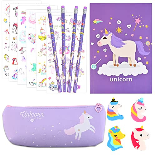 faburo Cancelleria per Unicorno, 16pz Set Cancelleria Unicorno, Set di Matite a Forma di Unicorno Astucci Penna per Materiale Scolastico Ragazze Present