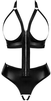 Selente Love & Fun, Seducente Set di Lingerie da Donna Composto da Body Aperto in Pelle Sintetica e Benda per Gli Occhi in Satin, Prodotto nell'UE, Nero-Effetto Pelle, Taglia XS-S