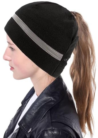 ASIJUNTYECHO Pferdeschwanz-Mütze für Damen, Dutt, Pferdeschwanz, Beanie, Wintermütze, reflektierend, kaltes Wetter, Laufmütze, Pferdeschwanzmütze, Totenkopfmütze, warme Wintermütze mit