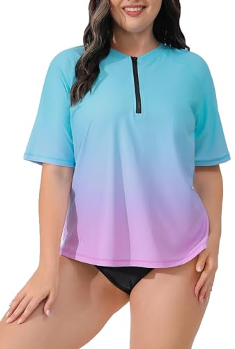 Halcurt Schwimmshirt Damen Übergröße Rash Guard Kurzarm 1/4 Zip UV Shirt UPF 50+ Badeshirt Schnell Trocknender Bademode 3X