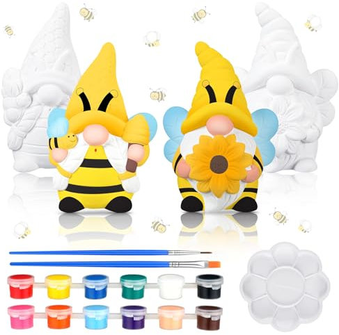 2 Sets Ready to Paint Your Own Bee Gnome Statues DIY Ceramics Bee Gnomes Set Sunflower Garden Paintable Figurines Unpainted DIY Arts and Crafts for Classroom Craft Project Activity