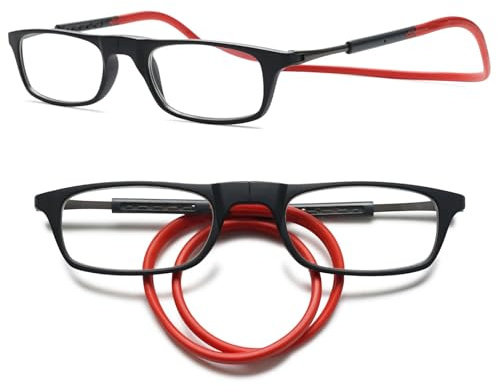 MAGIMODAC Damen Herren Lesebrille Faltbar Magnetverschluss Lesehilfe Sehhilfe Magnetische Lesebrillen mit flexiblem Halteband Schwarz Rot 2.00