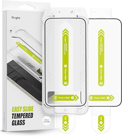 Ringke Easy Slide Tempered Glass per Pellicola iPhone 15 Pro Max | 2 pezzi, antigraffio, vetro temperato, trasparente, facile installazione