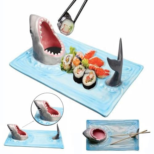 DDMDBYHRY Plato de sushi de tiburón, bandeja para servir barco de sushi, plato de cerámica hecho a mano, materiales seguros para alimentos, apto para microondas, horno, congelador, lavavajillas
