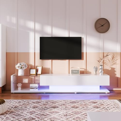 Oyemige Mobile TV Lowboard 170 cm per Soggiorno, Basso Sospeso con 2 Cassetti, Divisorio In Vetro e Illuminazione LED Variabile, 170x38x20 Bianco1