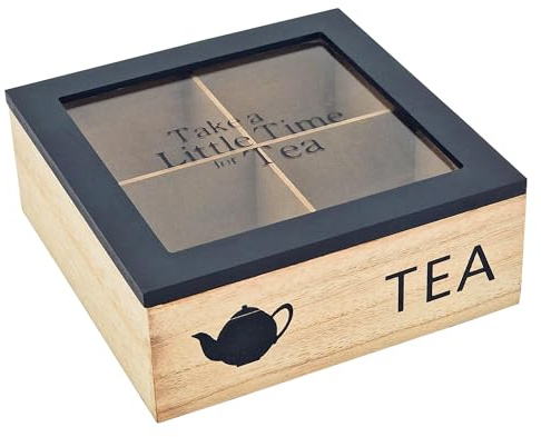 Örttelåda i trä, påsehållare The Carré med 4 Tea Box, The Bags Black 18 x 18 x 7 cm