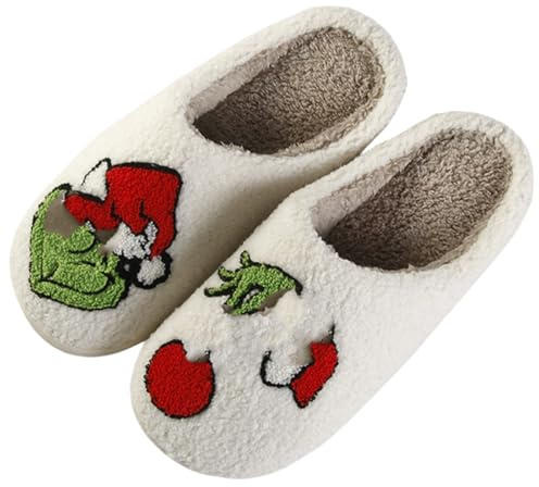 ENIXWH Grinch - Pantuflas navideñas felices para hombre y mujer, divertidas, de peluche, para invierno, cálidas, suaves, AB., 42.5/43 EU