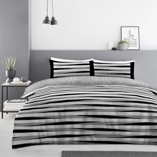 4 Piece Complete Bed Set Duvet Cover King Size - Reversible Striped Bedding Set With Pillowcases - Breathable Bed Linen Quilt Cover Fitted Sheet