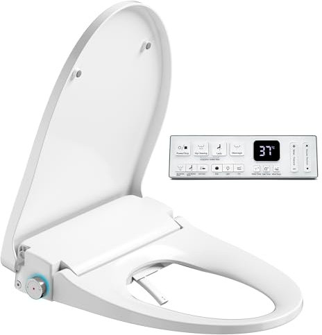Electric Heated Bidet Warmer Water Toilet Seat Elongated with Bubble Wash, Warm Air Dryer, Endless Warmer Water, Remote Control, Curved Spray Bar, 70 Power Cord, Clean Water