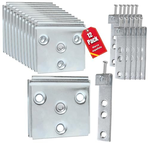 Herraje Cabecero, Soporte Oculto para Colgar Cabecero de Cama, Colgar Muebles Cocina Pared, Anclaje Mueble Pared, Colgadores Cuadros, Anclajes Madera, Pack de 12 Unidades en Hierro Zincado