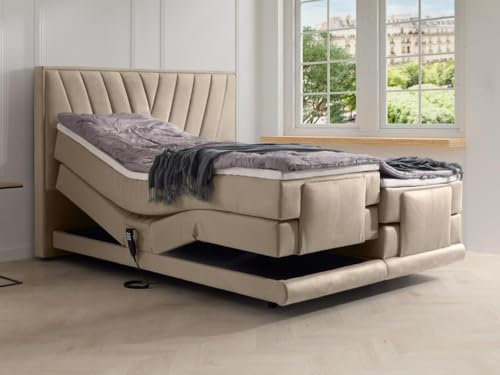 Vente-unique-Boxspringbett mit Bett-Kopfteil + elektrisch verstellbare Lattenroste + Matratzen + Topper - 2 x 90 x 200 cm - Samt - Beige - LUMONI von YSMÉE