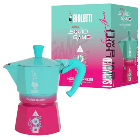 Bialetti Moka Express Squid Game© 3 Tazze, Manico Antiscottatura, Non Adatto all'Induzione, 130ml, Alluminio