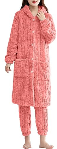 Flanell-Pyjama für Damen, Winter, superweich, warm, Damen-Pyjama, Fleece, Knopfleiste, lockerer Komfort, superweich, langärmelig, Damen-Pyjamahose mit Taschen, rose, XL