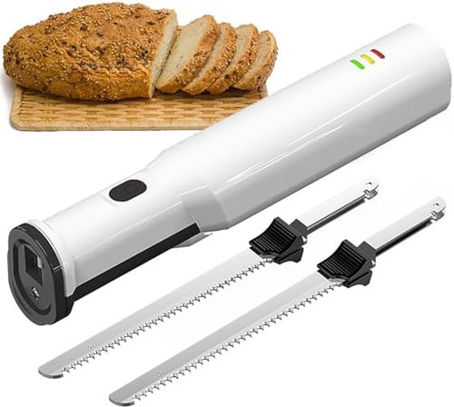 Cuchillo para trinchar eléctrico, cuchillo para pan recargable, con 2 cuchillas de acero inoxidable, tallar carnes de manera eficiente, protección de apagado automático, fácil de limpiar, para tallar