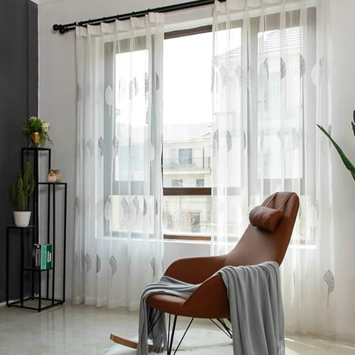 Gardine Querbehang Oben Gardinen 2er Set Grau Weiß Voile Baum Bestickt H274 x B137 cm (2er Pack) Polyester