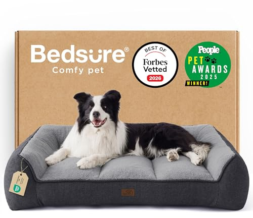 Bedsure Cama Lavable Perros Grandes - 96x71cm Sofá para Perro Extra Grueso y de Soporte con Funda Impermeable, Cama Antideslizante de Peluche Sherpa Suave, Gris Oscuro