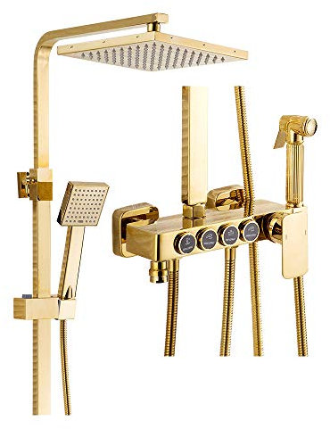 Système de douche doré de luxe avec fixation murale - Colonne de douche exposée - Comprend une pomme de douche en ABS - Robinet de baignoire et pulvérisateur de bidet