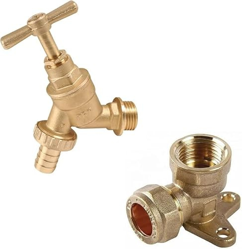 Brass Garden Tap Set, 1/2-inch BSP, with Wallplate Elbow and Hose Union Bib Tap