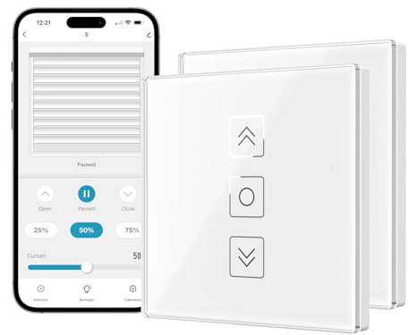 Tallifun 2 pack anslutna rullgardinsbrytare med procentfunktion, röststyrning, programmering, väggströmbrytare för gardiner, Alexa/Google Home/Smartlife (vit)