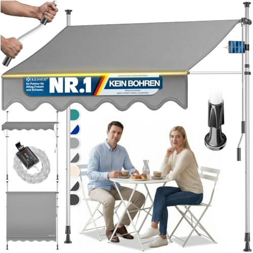 KESSER® Klemmmarkise mit Handkurbel & LED Lichterkette | Balkonmarkise ohne Bohren | Markise UV-beständig höhenverstellbar & wasserabweisend | Sonnenschutz für Balkon Terrasse & Garten 200cm