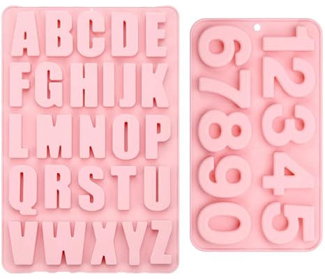 HUATEEN Moules en Silicone Avec Lettres et Chiffres,Lot de 2 Moules en Silicone en Forme de Lettres et Chiffres pour Décoration de Gâteau D'anniversaire Symboles Bon Bonbons Biscuits
