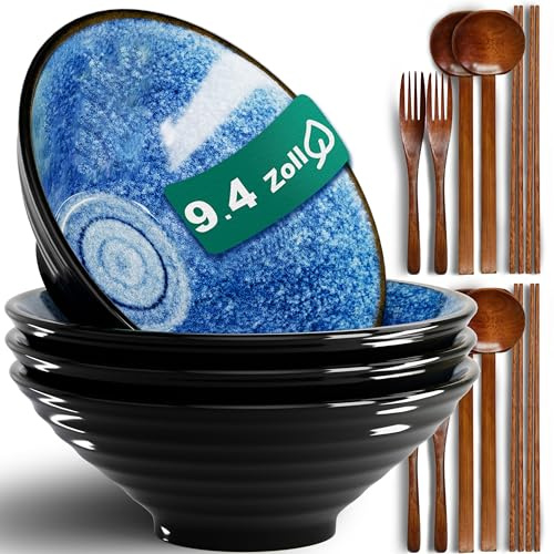 9.4 Pulgadas Juego De 4 Cuencos De Ramen De Cerámica (16 Piezas), Con Tenedor Palillos Chinos y Cuchara Cuenco Japonés para Sopa de Fideos Ensalada Ideal para Regalo Apto Lavavajillas y Microondas