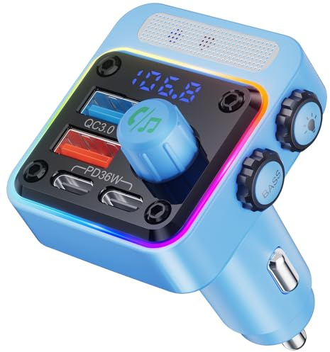 NULAXY 54W Bluetooth 5.3 Auto-Adapter-Ladegerät mit 4 Ports Schnellladung [PD 36W & QC3.0 18W], Wireless Radio FM Transmitter mit Deep Bass Player, 5 Farben LED-Hintergrundbeleuchtung, Hellblau