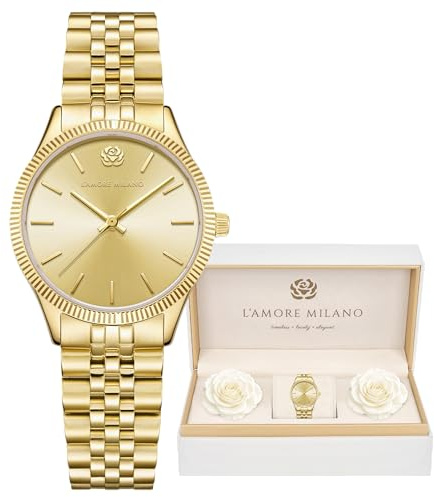 L'AMORE MILANO - Orologio donna in scatola rose - Bel regalo donna fidanzata, mamma - Orologio di alta qualità scatola regalo, impermeabile 5 ATM - Regali per lei - 32mm elegante orologio oro