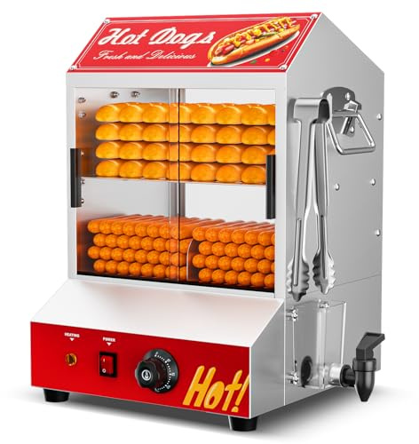 Hot Dog Steamer Machine, 28.5QT/27L, 2-Tier Electric Hot Dog Steamer with Bun Warmer, Adjustable Temperature, Hot Dog Hut Steamer with Visible Glass Sliding Door