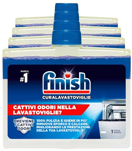 Finish Cura Lavastoviglie Additivo per Pulizia Profonda a Ciclo Vuoto Previene Cattivi Odori Rimuove Sporco e Calcare Migliora le Prestazioni Formula Bifasica - 4 Trattamenti