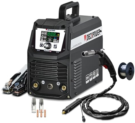 DECAPOWER Saldatrice MIG 140A, Saldatrice a Filo Continuo Senza Gas 4-in-1, MMA/LIFT TIG/FLUX 0.8-1.0mm, Inverter con Display LCD e Ventola Intelligente per Fai-da-te e Riparazioni