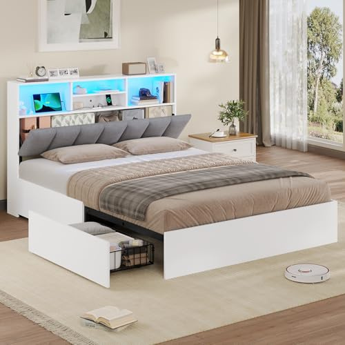 AOGLLATI Bett 140×200 cm, Polsterbett mit Ladestation und LED-Beleuchtung, Doppelbett Stauraumbett mit Stauraum Kopfteil, 4 Schubladen, ohne Matratze (für 140 x 200 cm Matratze), Leinen,weiß+hellgrau