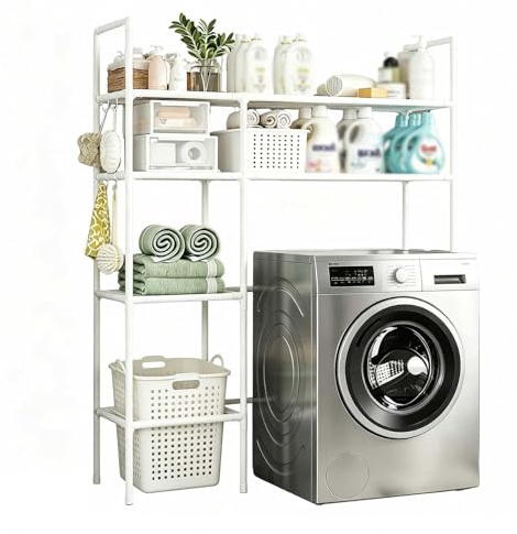 SJWJWOO Over the Washer Storage Shelf, Dryer Shelf Space Saving Washer Dryer Cabinet for Bathroom, Balcony,White-2Tier